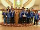Bupati Bengkalis Kasmarni berfoto bersama pengurus BEM Politeknik Negeri Bengkalis seusai audiensi.