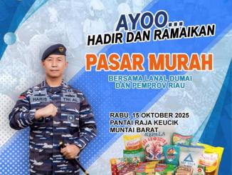 Komandan Lanal Dumai Kolonel Laut (P) Abdul Haris mengajak masyarakat menghadiri pasar murah bersama Pemprov Riau di Pantai Raja Kecik, Bengkalis.