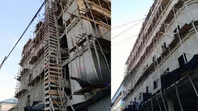 Img_25-10-14_01-36-27-619 Struktur bangunan bertingkat lima proyek Morison Hotel di Bengkalis tampak dikelilingi perancah kayu tanpa pagar pelindung atau jaring pengaman, diambil pada 13 Oktober 2025.