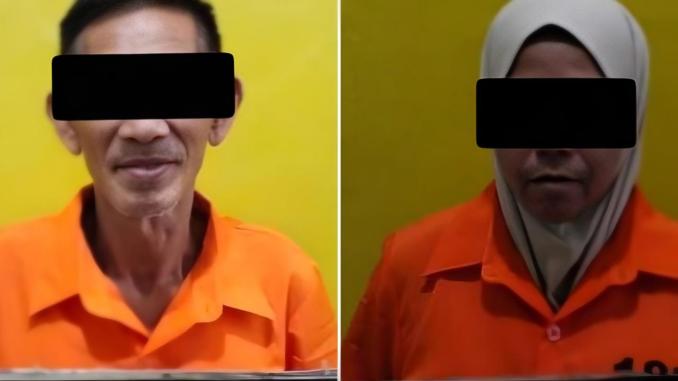 Dua tersangka pasangan suami istri yang diduga menampung lima PMI ilegal diperlihatkan di Polres Bengkalis