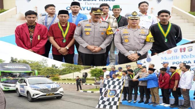 Petugas melepas keberangkatan bus mudik gratis tujuan Sumatera Barat dan Sumatera Utara di Mapolda Riau.