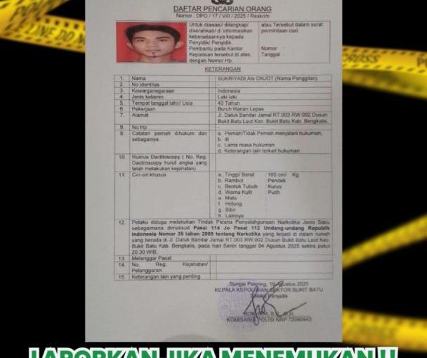 Dokumen DPO tersangka narkotika yang dirilis Polres Bengkalis.