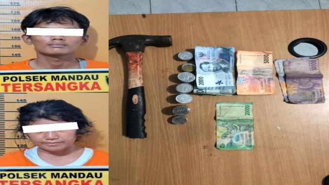 Dua tersangka pasutri bobol kotak amal Masjid Baitul Amal di Mandau bersama barang bukti yang diamankan polisi.