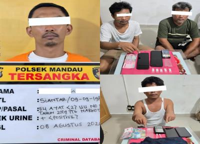 Polisi mengamankan tersangka dan barang bukti kasus dugaan sabu di Desa Bumbung, Bengkalis.