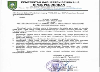 Surat edaran Dinas Pendidikan Bengkalis tentang pembelajaran saat kabut asap