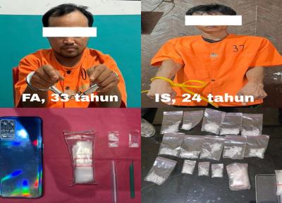 Dua pria yang diamankan dalam pengungkapan dua kasus dugaan peredaran sabu di Bengkalis.