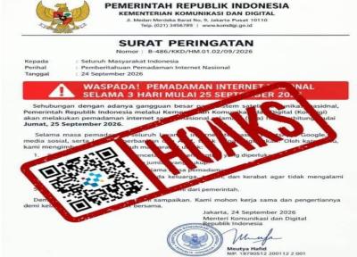 Wakil Menteri Komdigi Angga Raka Prabowo memastikan surat pemadaman internet nasional adalah hoaks.